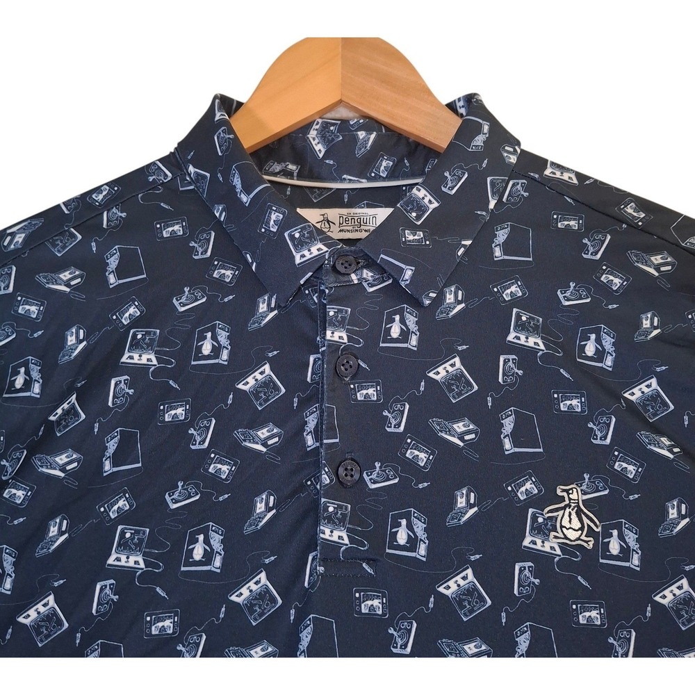 Original Penguin Polo Shirt Mens Large Navy Blue Retro Arcade Game Print Golf